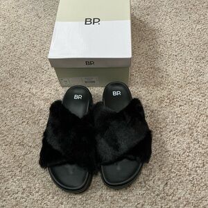 bp Black Faux Fur Crisscross Slide Sandals